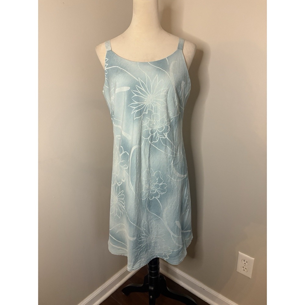 VTG Iolani Hawaiian Silk Frost Blue Floral Shift Dress Slip Tank Resort Medium
